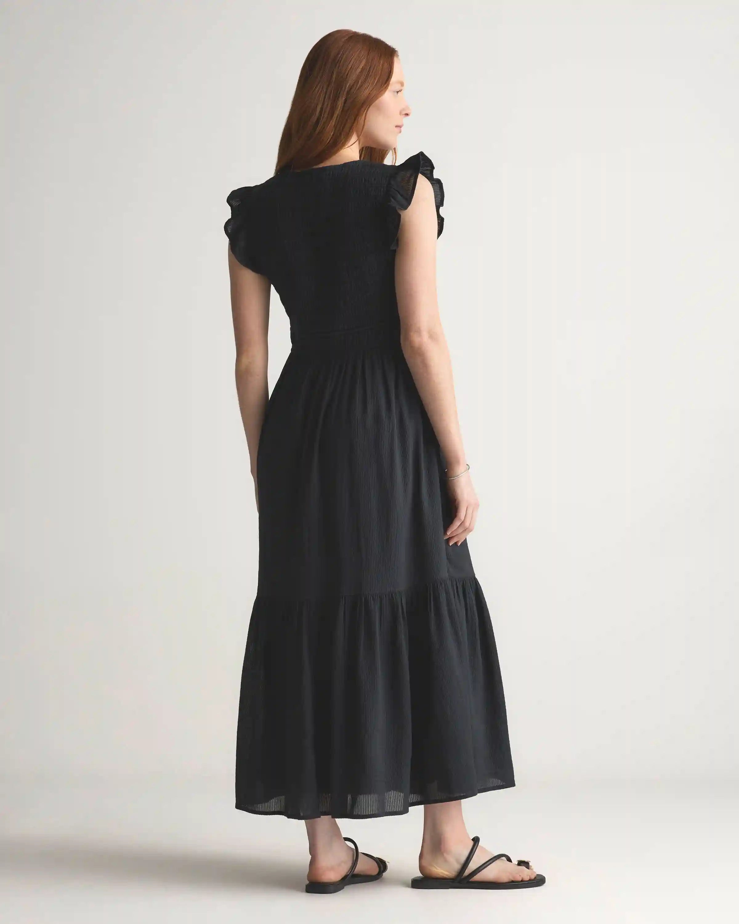 Organic Textured Cotton Smocked V-Neck Midi Dress