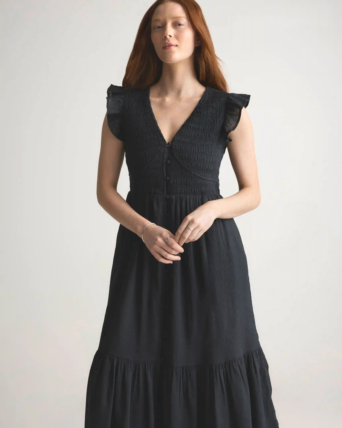 Organic Textured Cotton Smocked V-Neck Midi Dress
