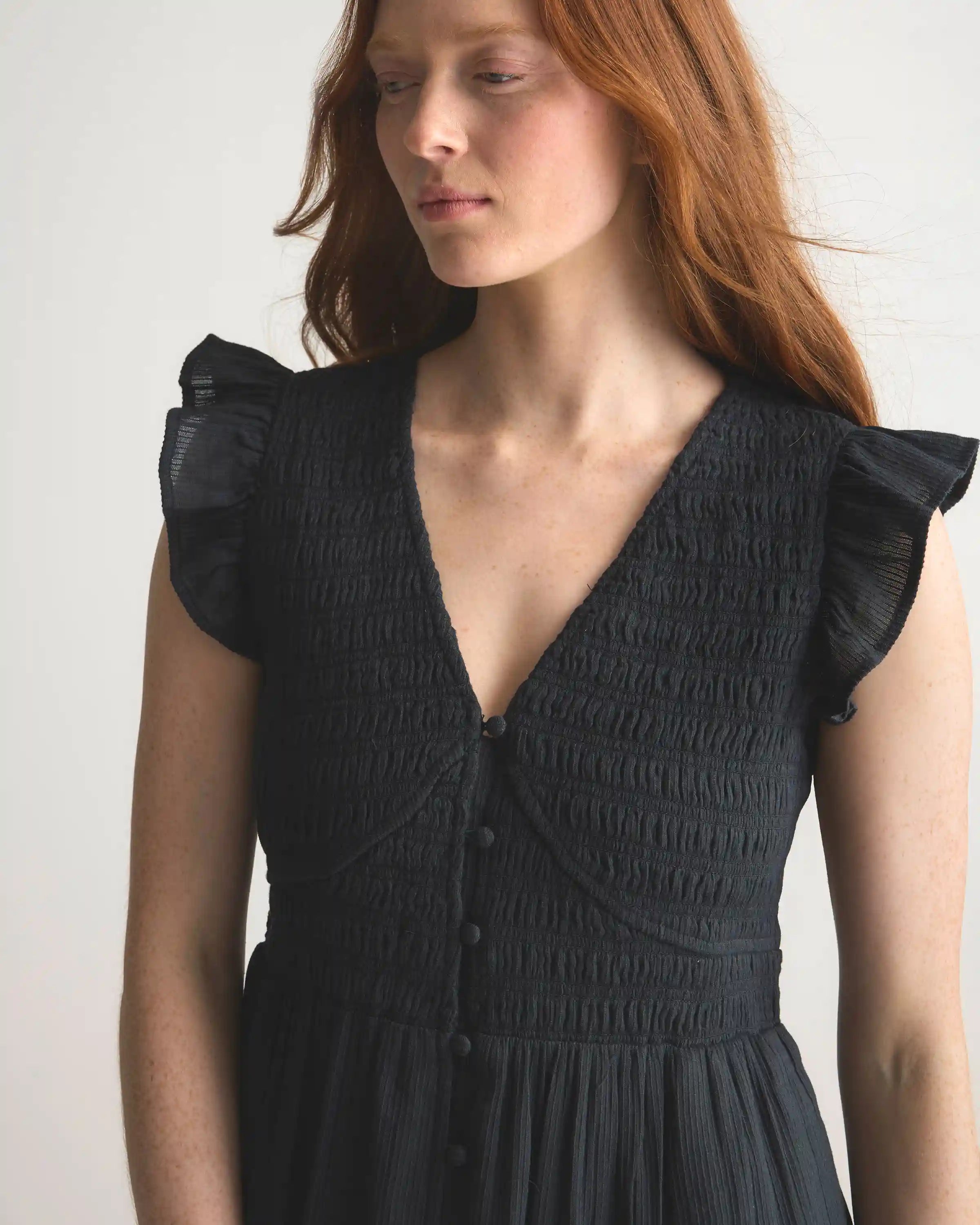 Organic Textured Cotton Smocked V-Neck Midi Dress