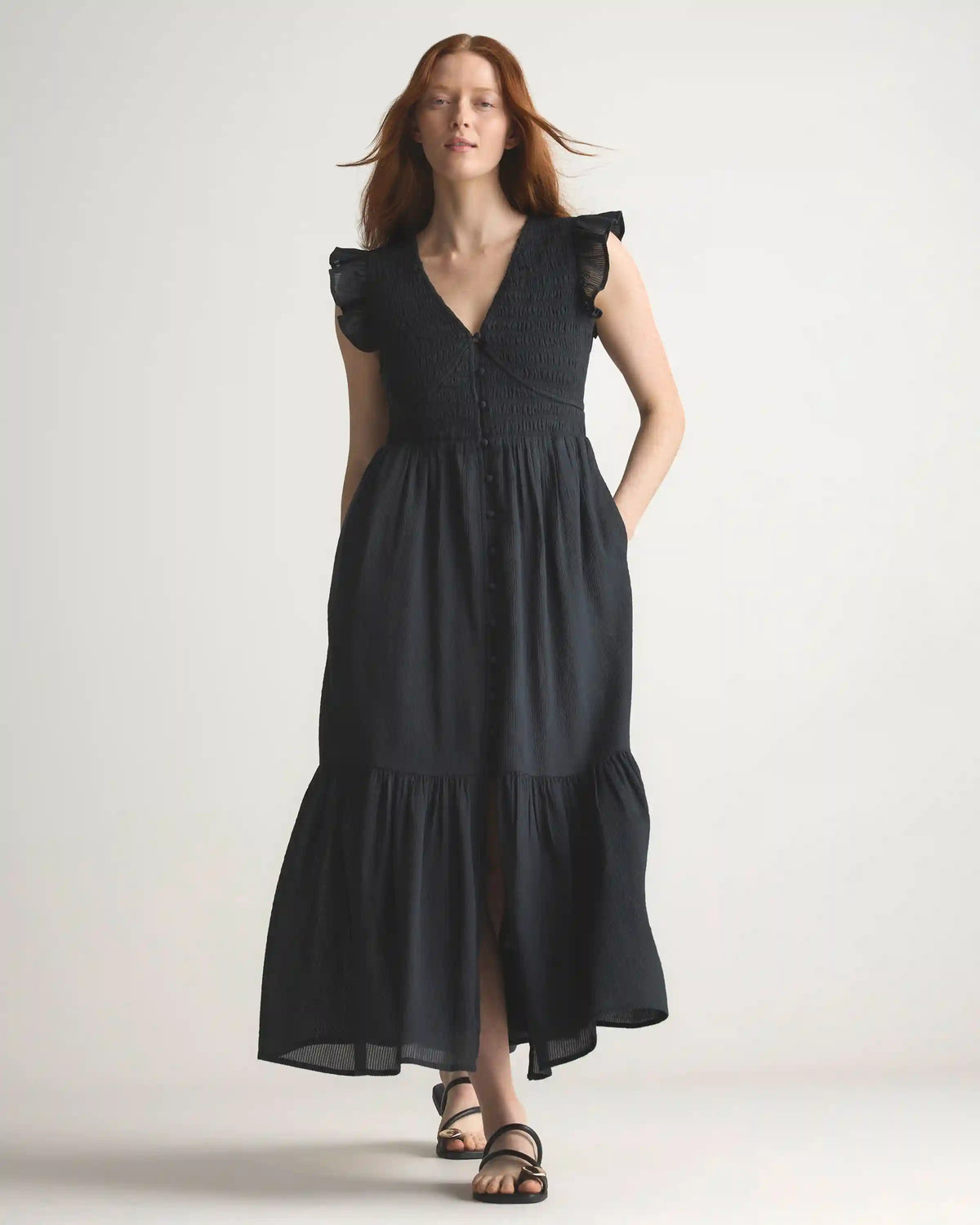 Organic Textured Cotton Smocked V-Neck Midi Dress