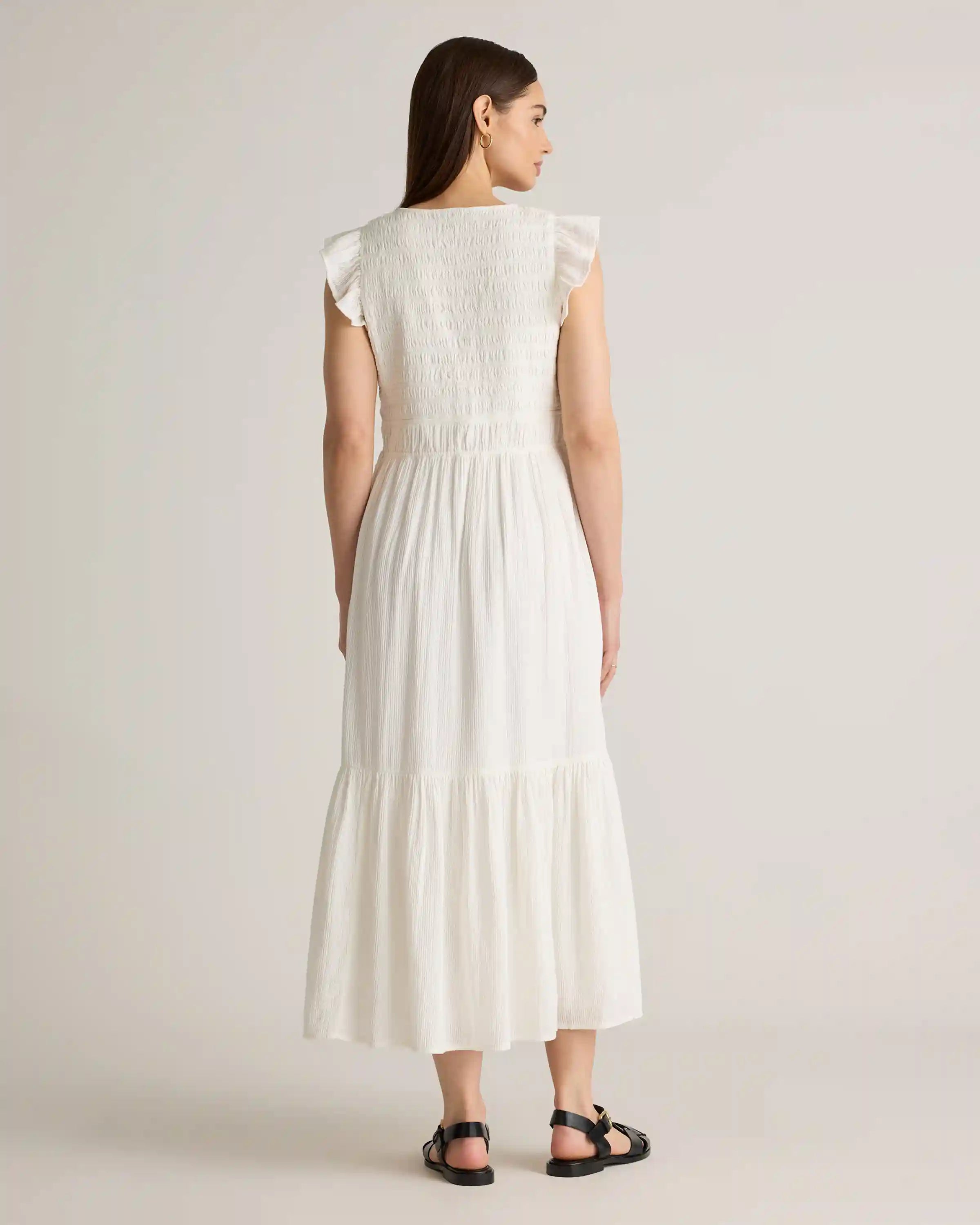 Organic Textured Cotton Smocked V-Neck Midi Dress