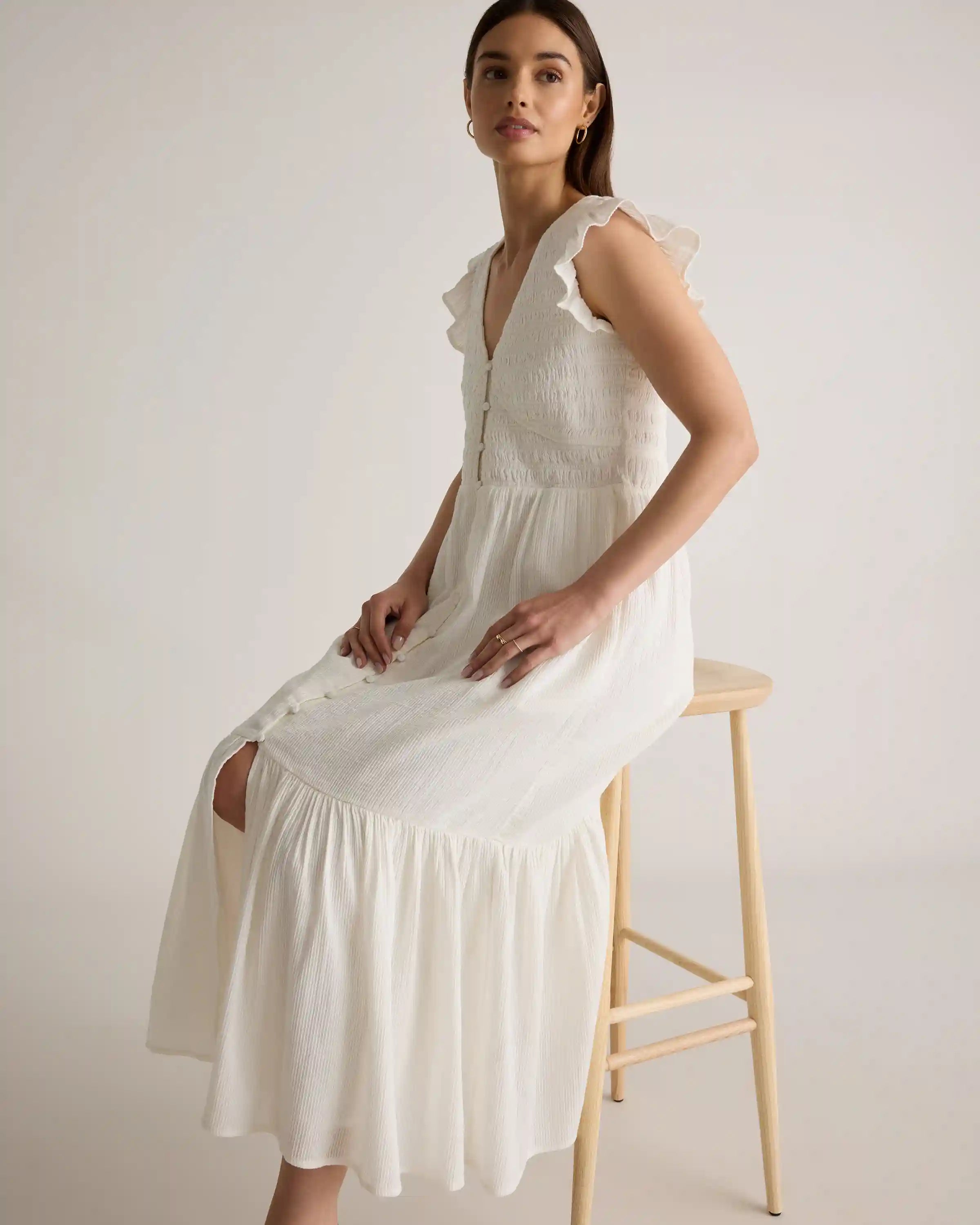 Organic Textured Cotton Smocked V-Neck Midi Dress