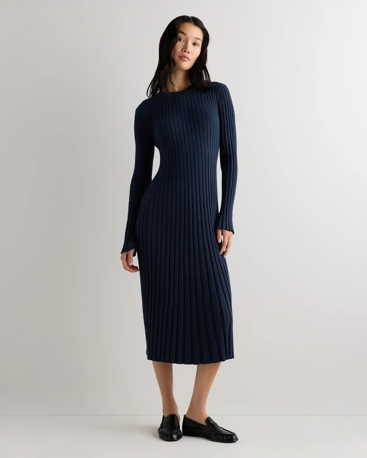 Cotton Cashmere Ribbed Long Sleeve Crew Midi Dress