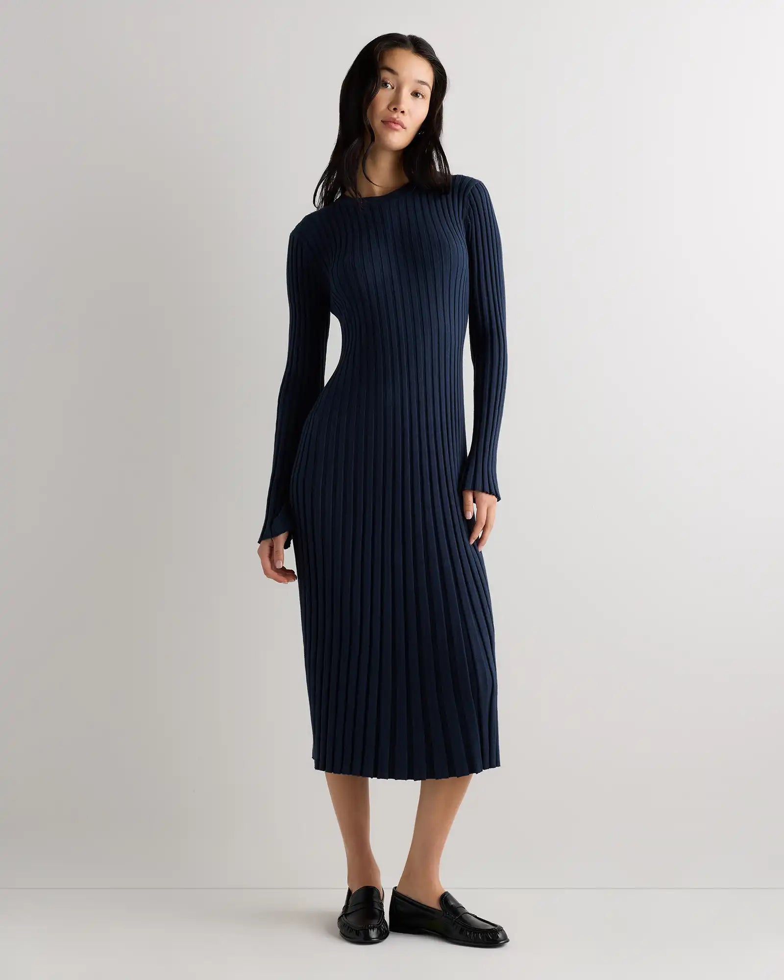 Cotton Cashmere Ribbed Long Sleeve Crew Midi Dress