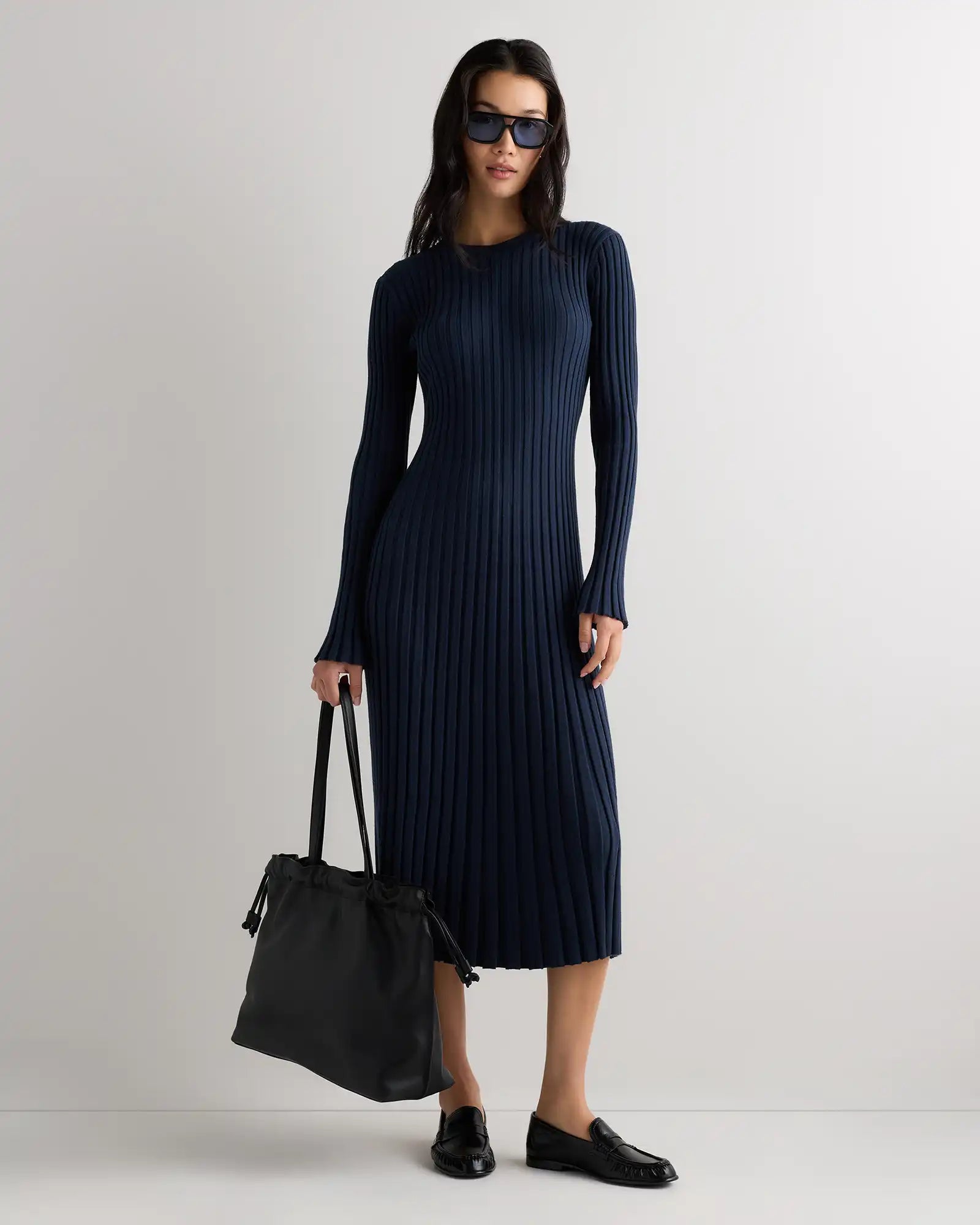 Cotton Cashmere Ribbed Long Sleeve Crew Midi Dress