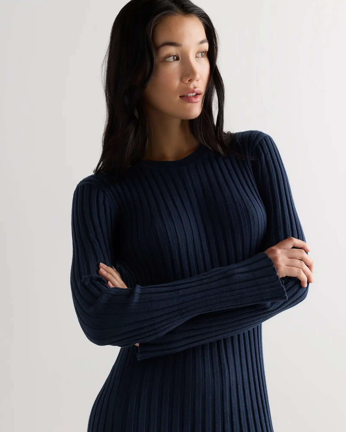 Cotton Cashmere Ribbed Long Sleeve Crew Midi Dress