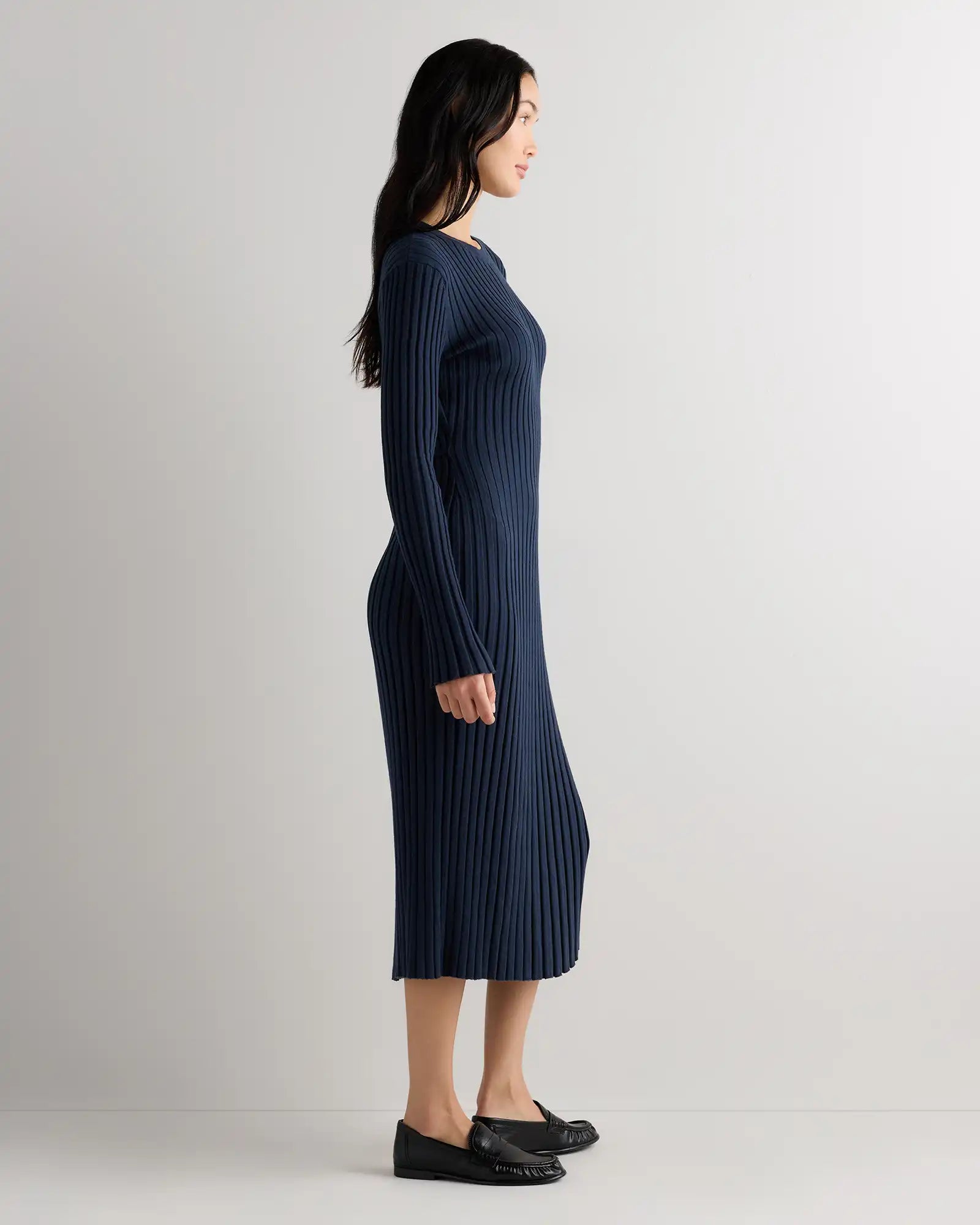 Cotton Cashmere Ribbed Long Sleeve Crew Midi Dress
