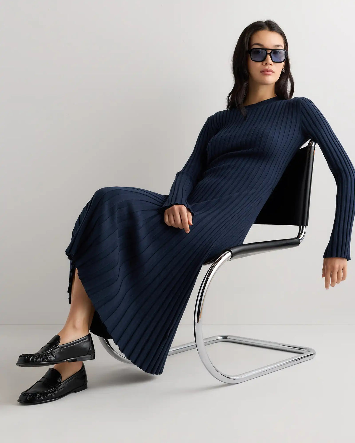 Cotton Cashmere Ribbed Long Sleeve Crew Midi Dress