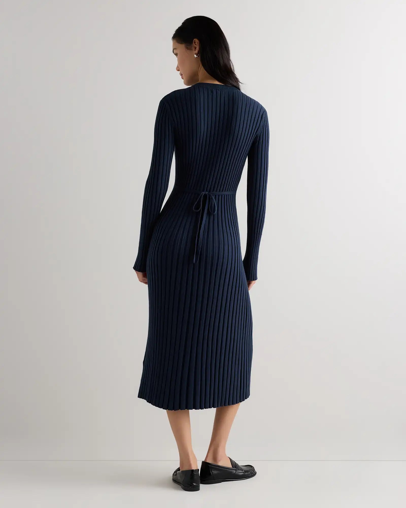 Cotton Cashmere Ribbed Long Sleeve Crew Midi Dress
