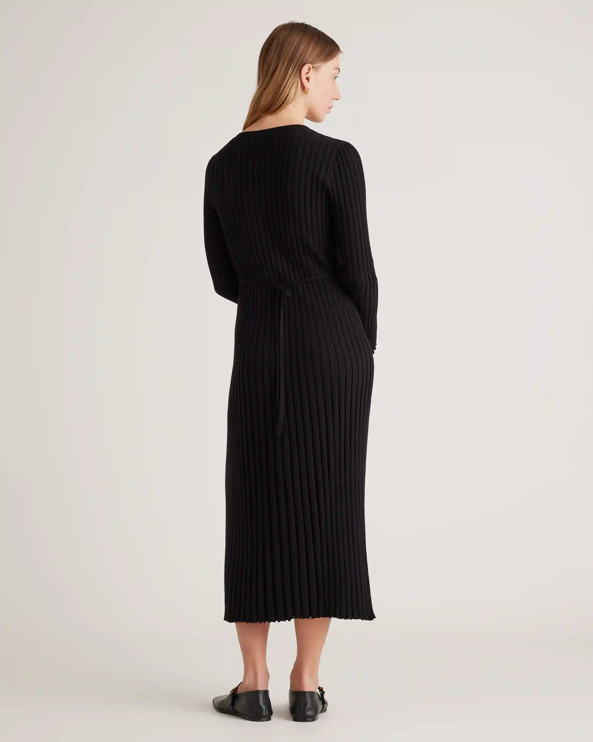 Cotton Cashmere Ribbed Long Sleeve Crew Midi Dress