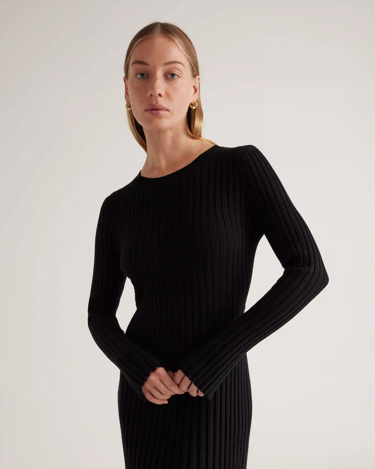 Cotton Cashmere Ribbed Long Sleeve Crew Midi Dress