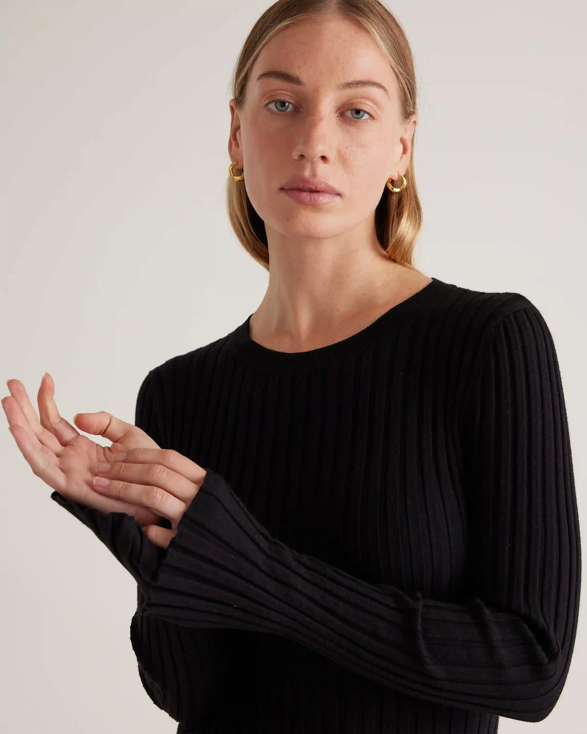 Cotton Cashmere Ribbed Long Sleeve Crew Midi Dress