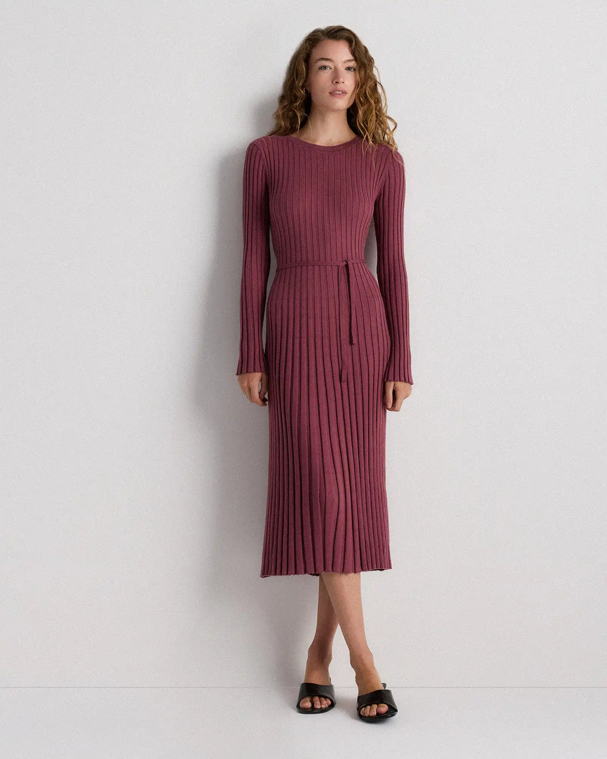 Cotton Cashmere Ribbed Long Sleeve Crew Midi Dress