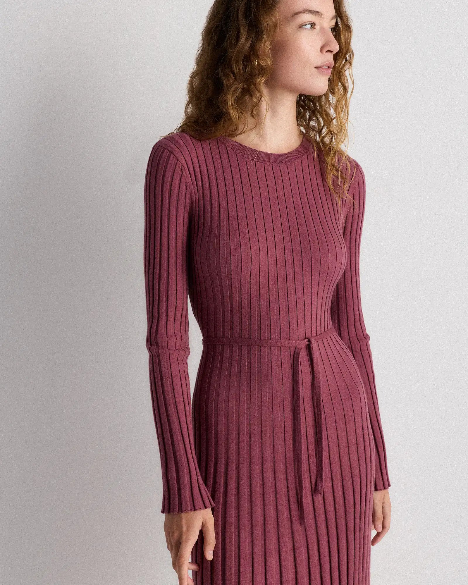 Cotton Cashmere Ribbed Long Sleeve Crew Midi Dress