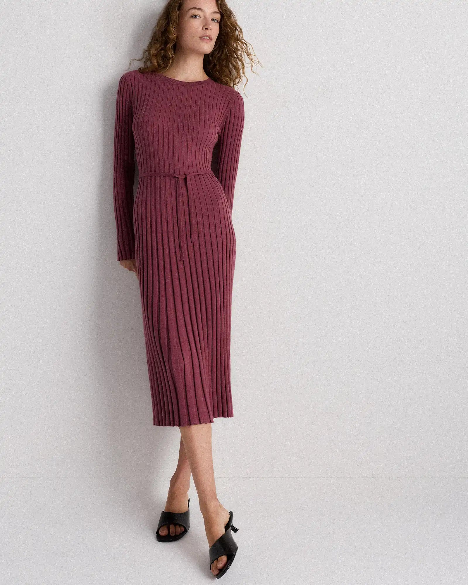 Cotton Cashmere Ribbed Long Sleeve Crew Midi Dress