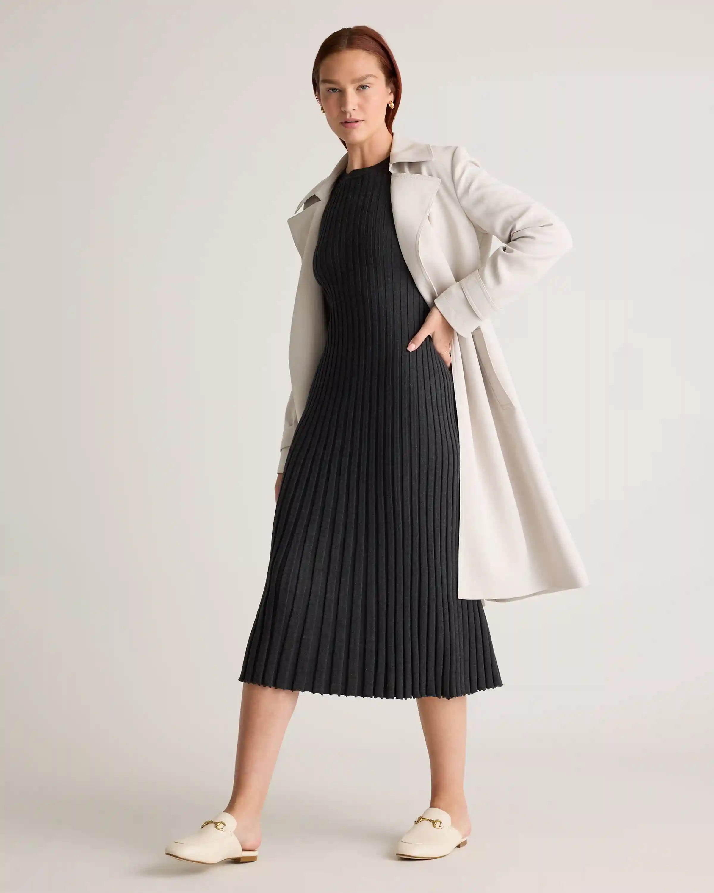 Cotton Cashmere Ribbed Long Sleeve Crew Midi Dress