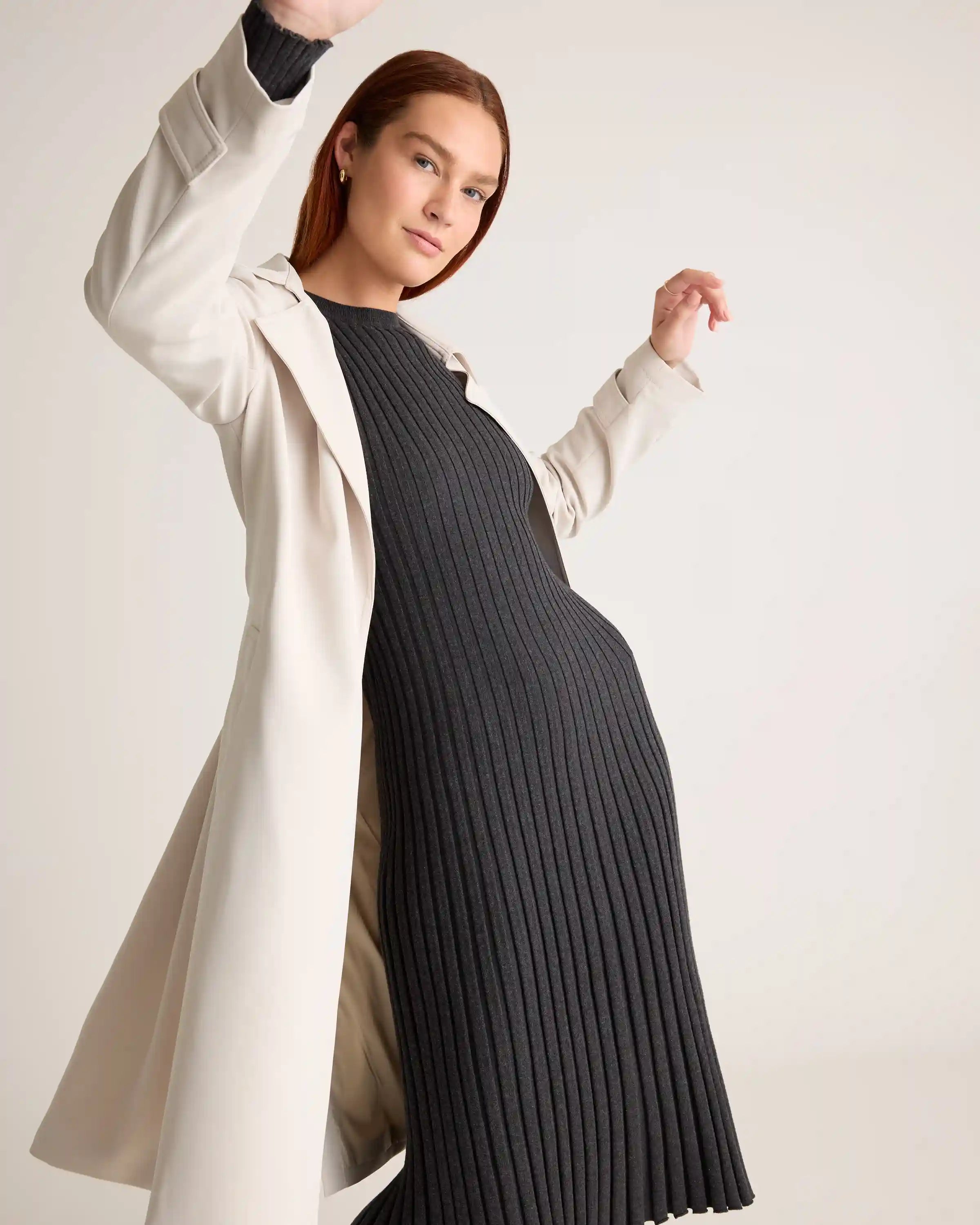 Cotton Cashmere Ribbed Long Sleeve Crew Midi Dress