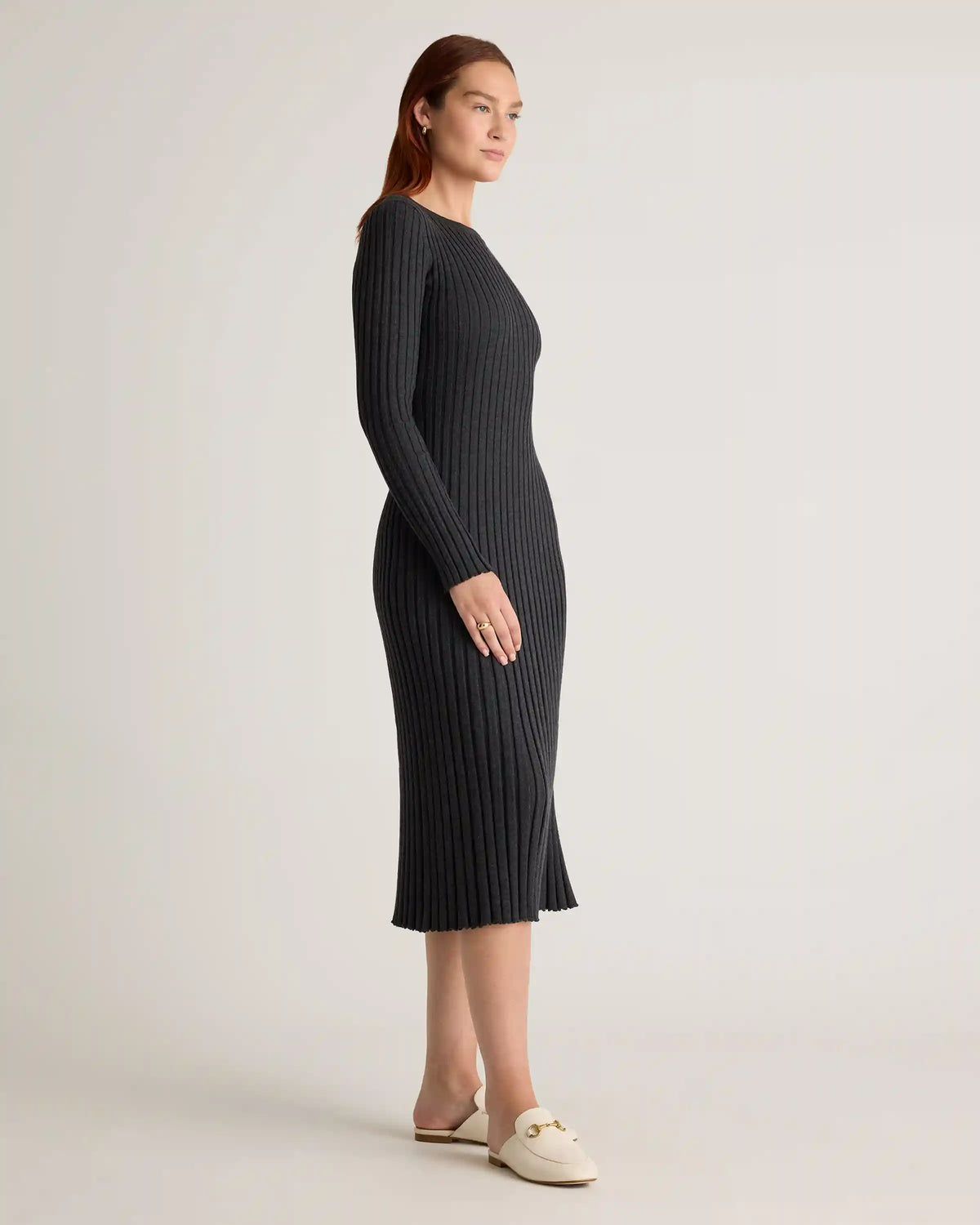 Cotton Cashmere Ribbed Long Sleeve Crew Midi Dress