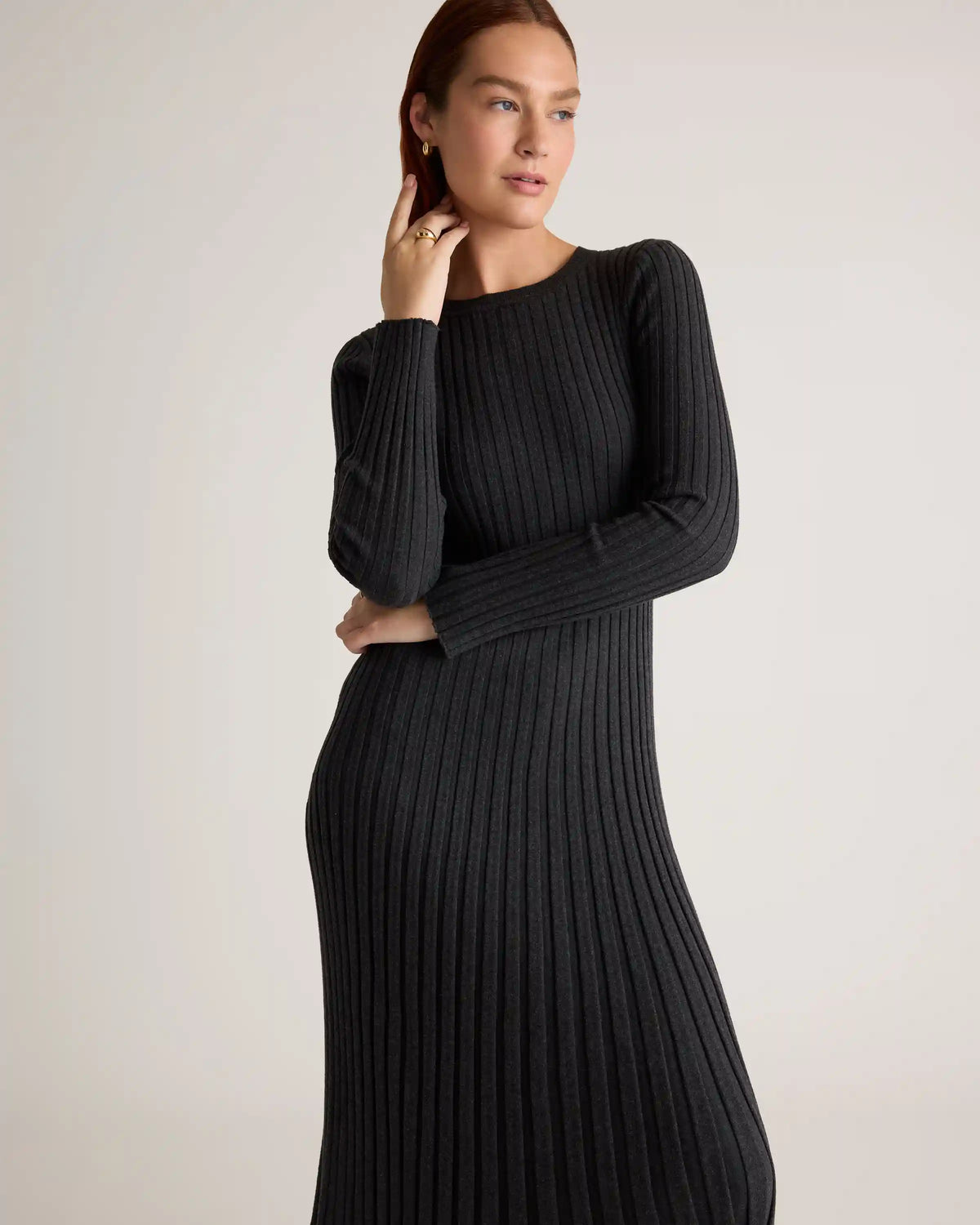 Cotton Cashmere Ribbed Long Sleeve Crew Midi Dress
