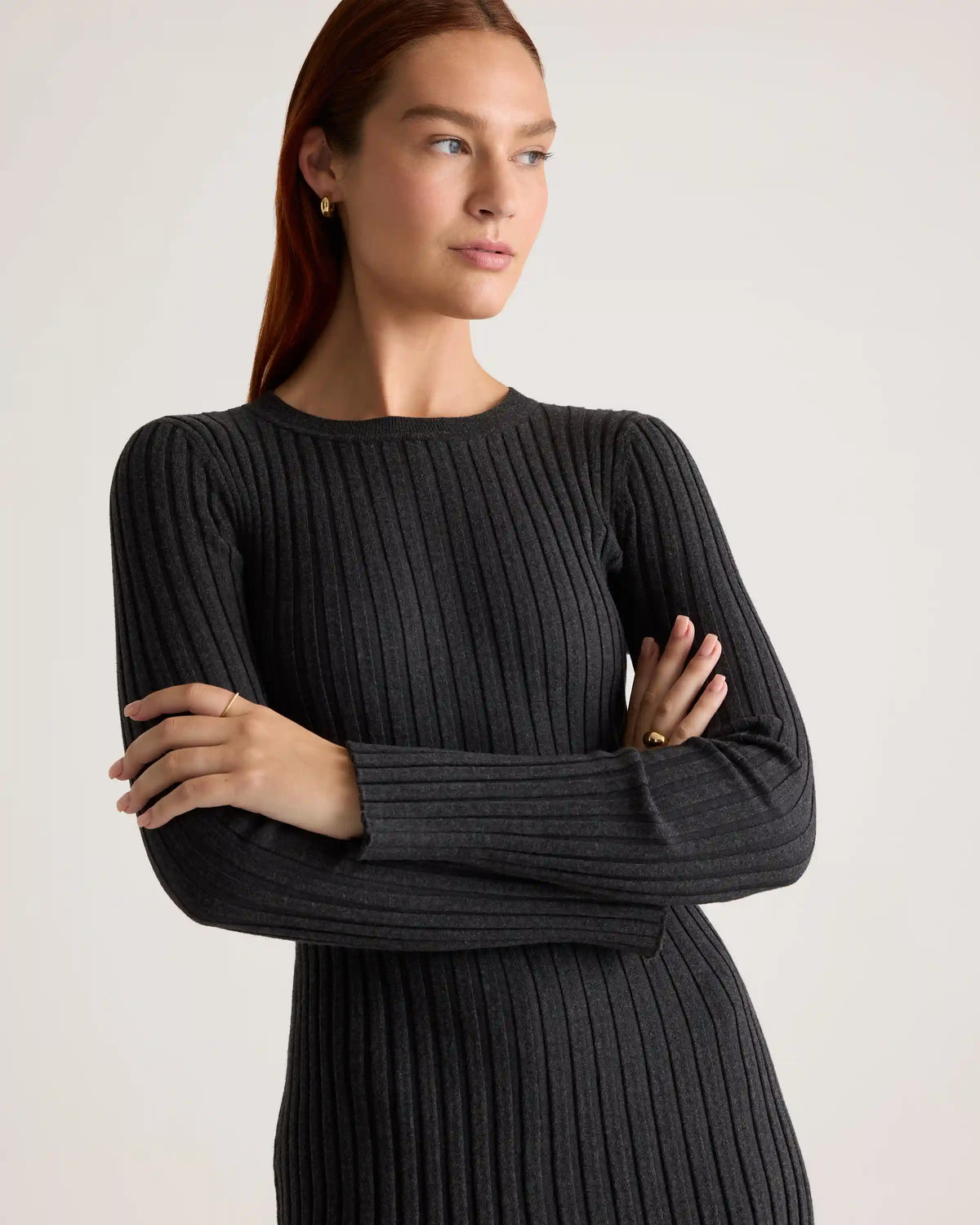 Cotton Cashmere Ribbed Long Sleeve Crew Midi Dress