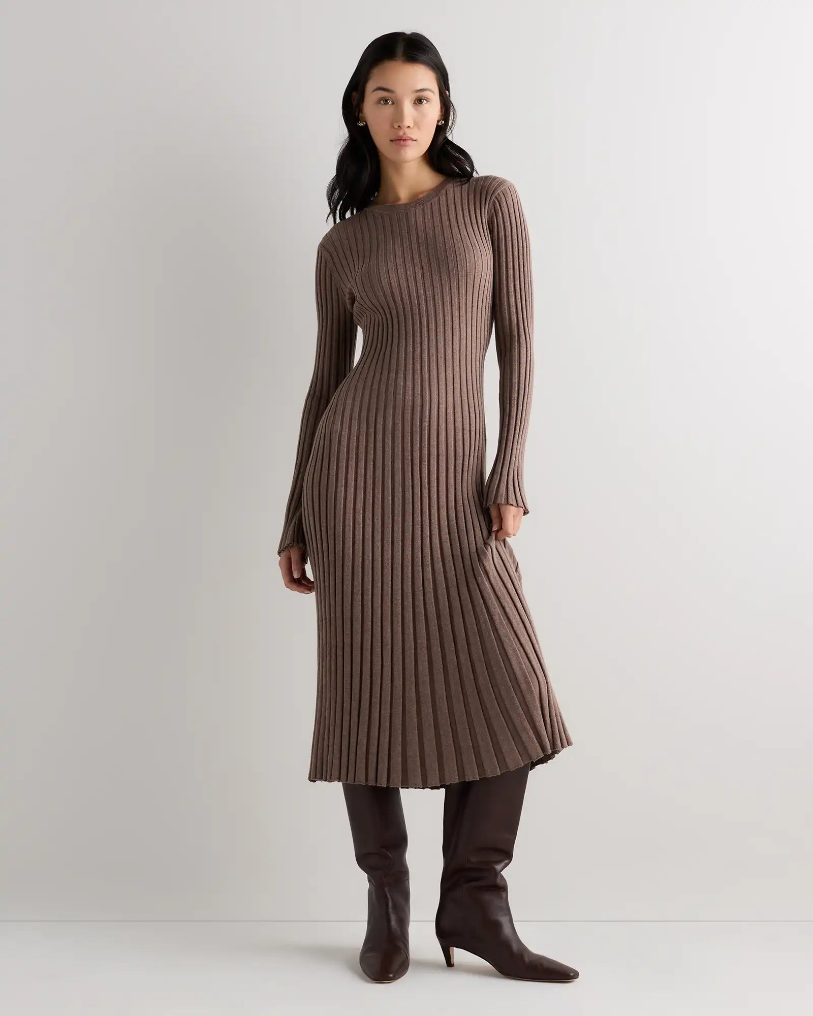 Cotton Cashmere Ribbed Long Sleeve Crew Midi Dress