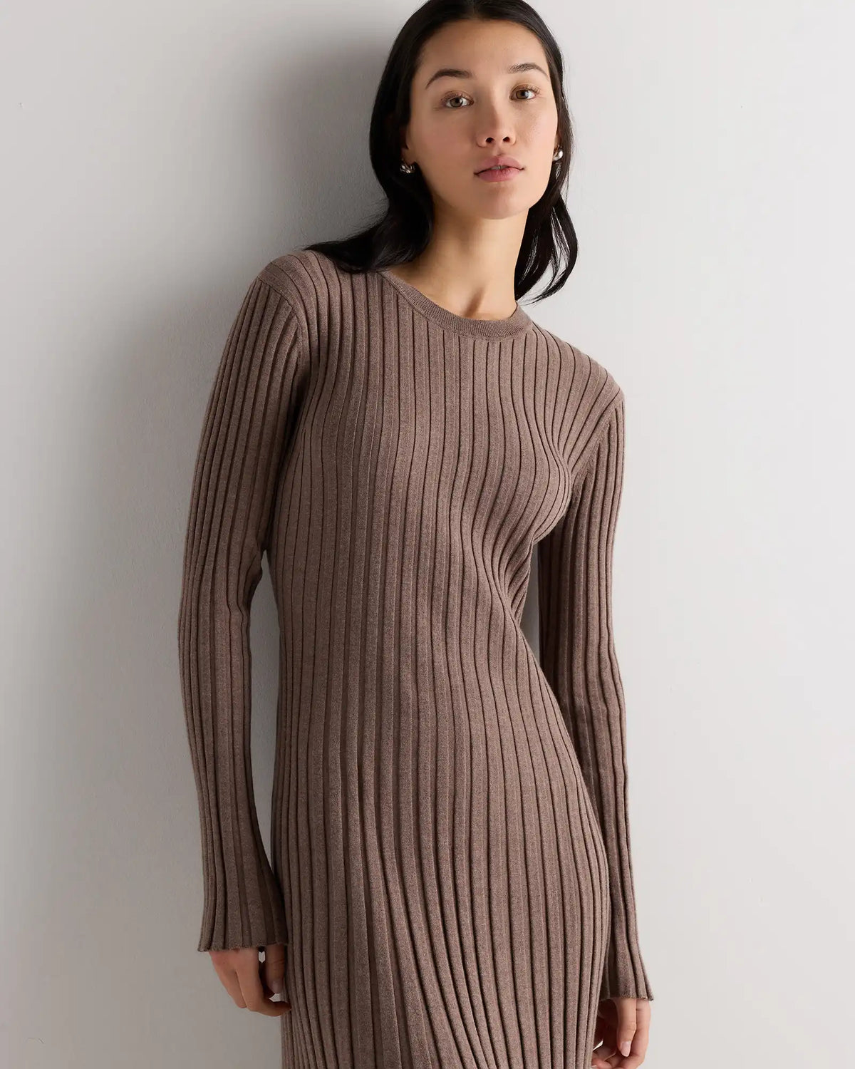 Cotton Cashmere Ribbed Long Sleeve Crew Midi Dress