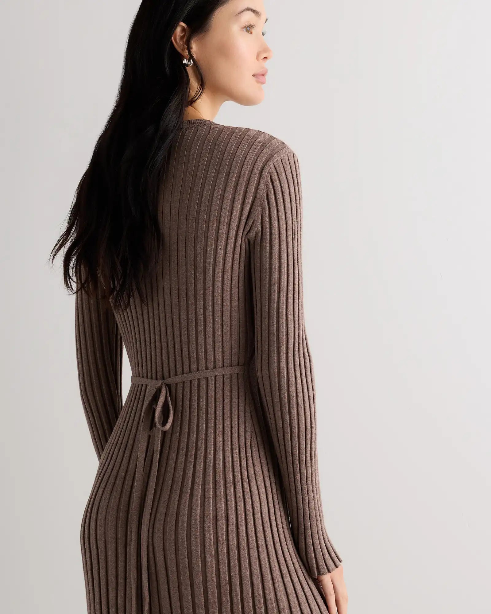 Cotton Cashmere Ribbed Long Sleeve Crew Midi Dress