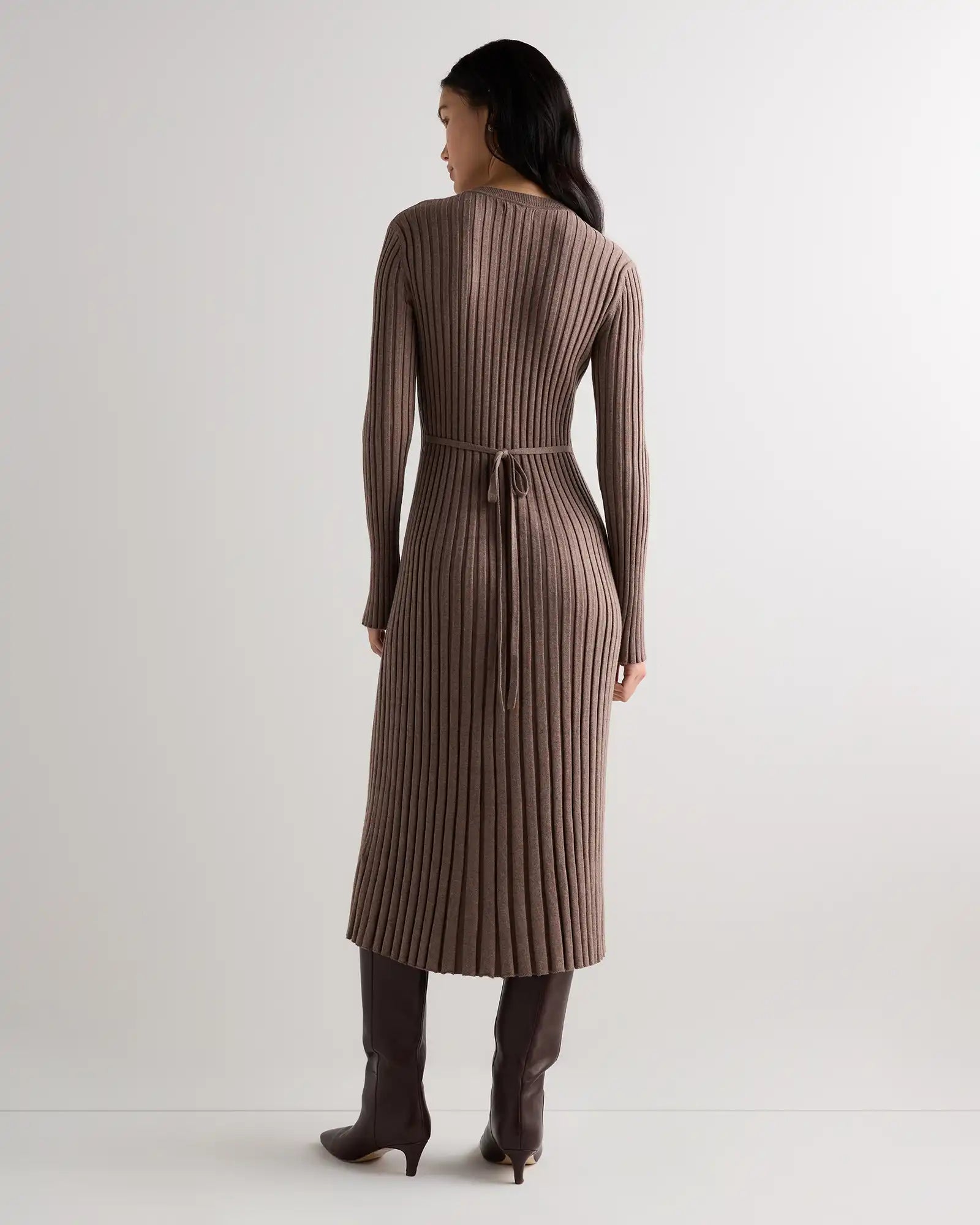Cotton Cashmere Ribbed Long Sleeve Crew Midi Dress
