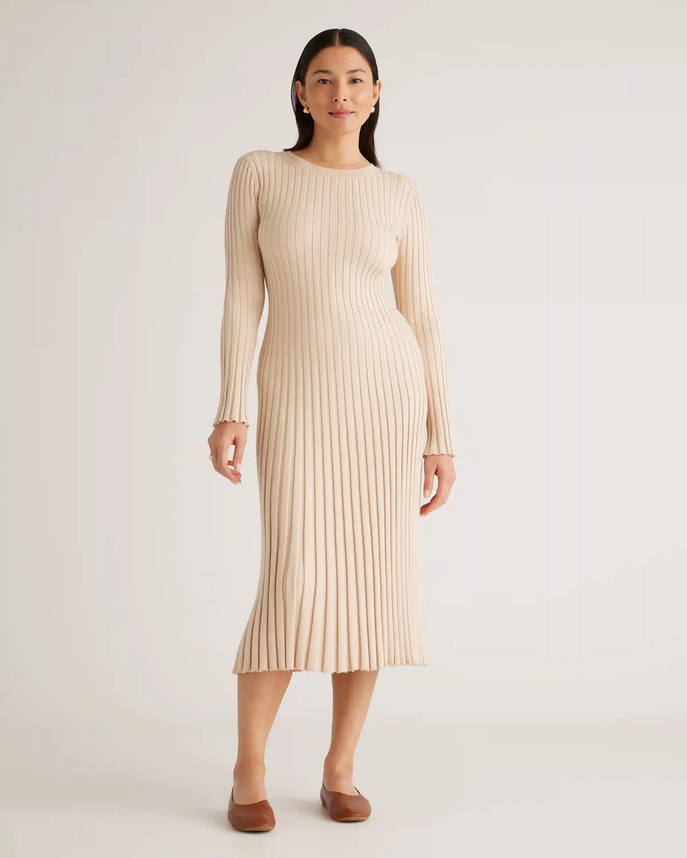 Cotton Cashmere Ribbed Long Sleeve Crew Midi Dress