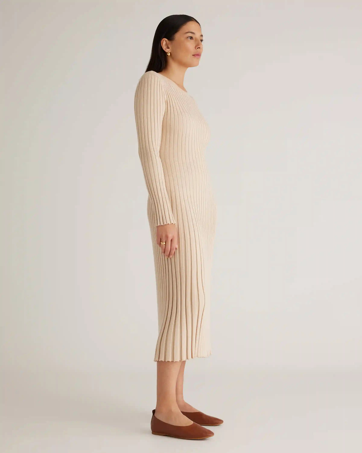 Cotton Cashmere Ribbed Long Sleeve Crew Midi Dress