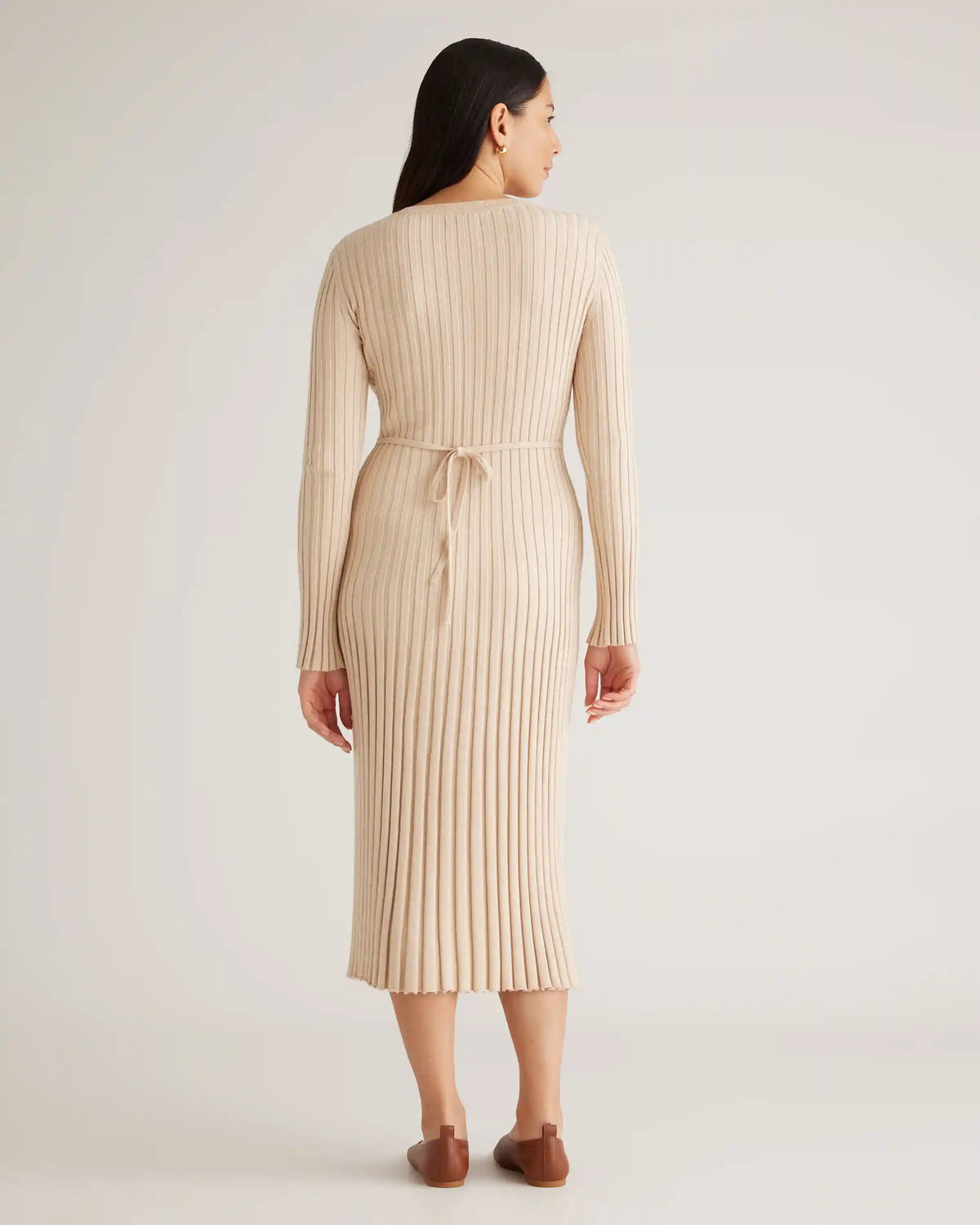 Cotton Cashmere Ribbed Long Sleeve Crew Midi Dress