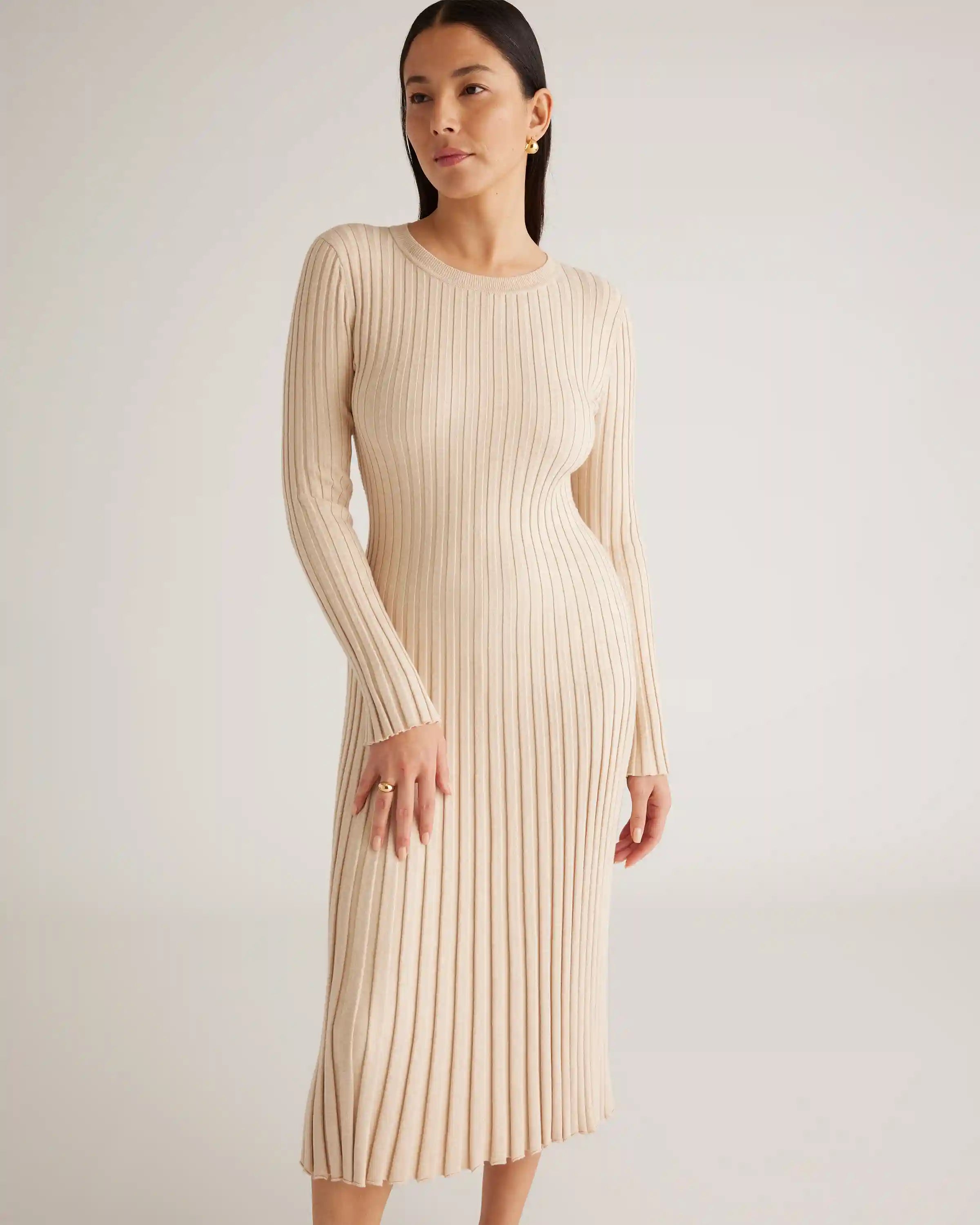 Cotton Cashmere Ribbed Long Sleeve Crew Midi Dress