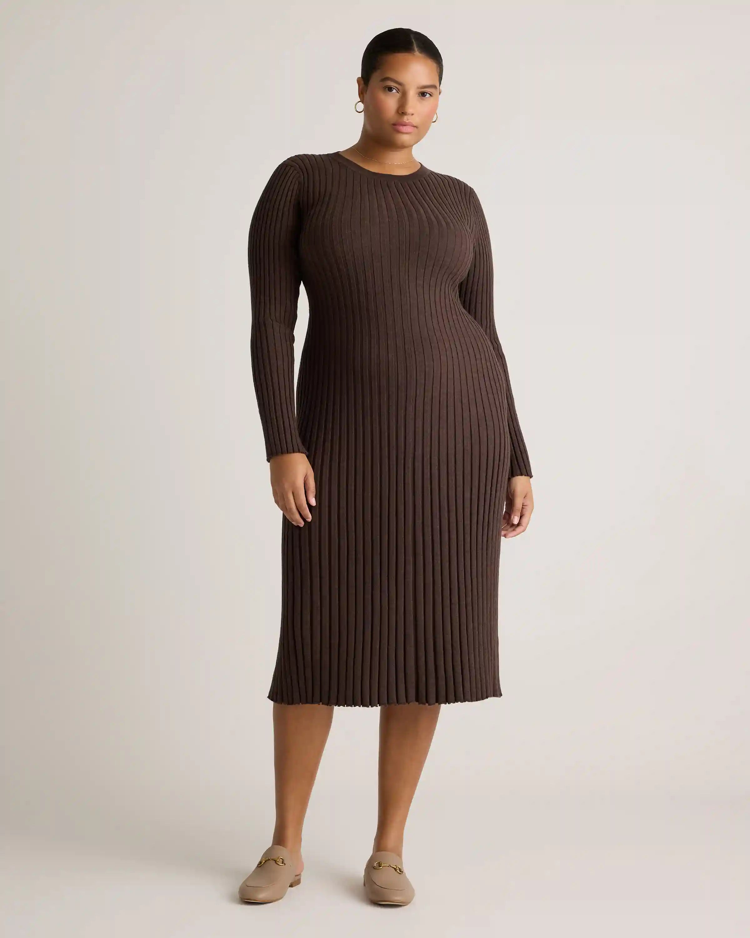 Cotton Cashmere Ribbed Long Sleeve Crew Midi Dress