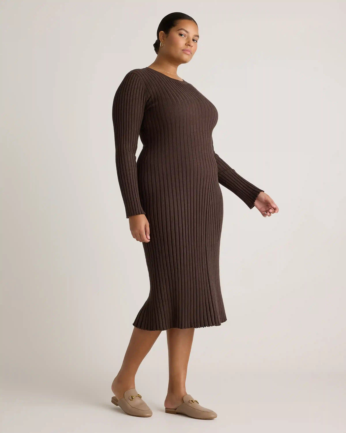 Cotton Cashmere Ribbed Long Sleeve Crew Midi Dress