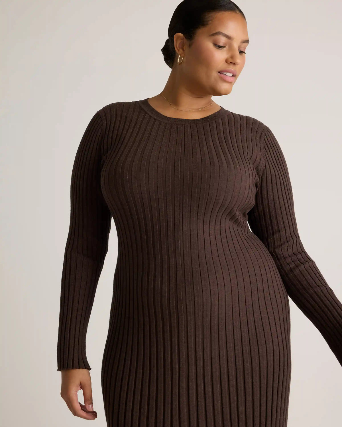 Cotton Cashmere Ribbed Long Sleeve Crew Midi Dress