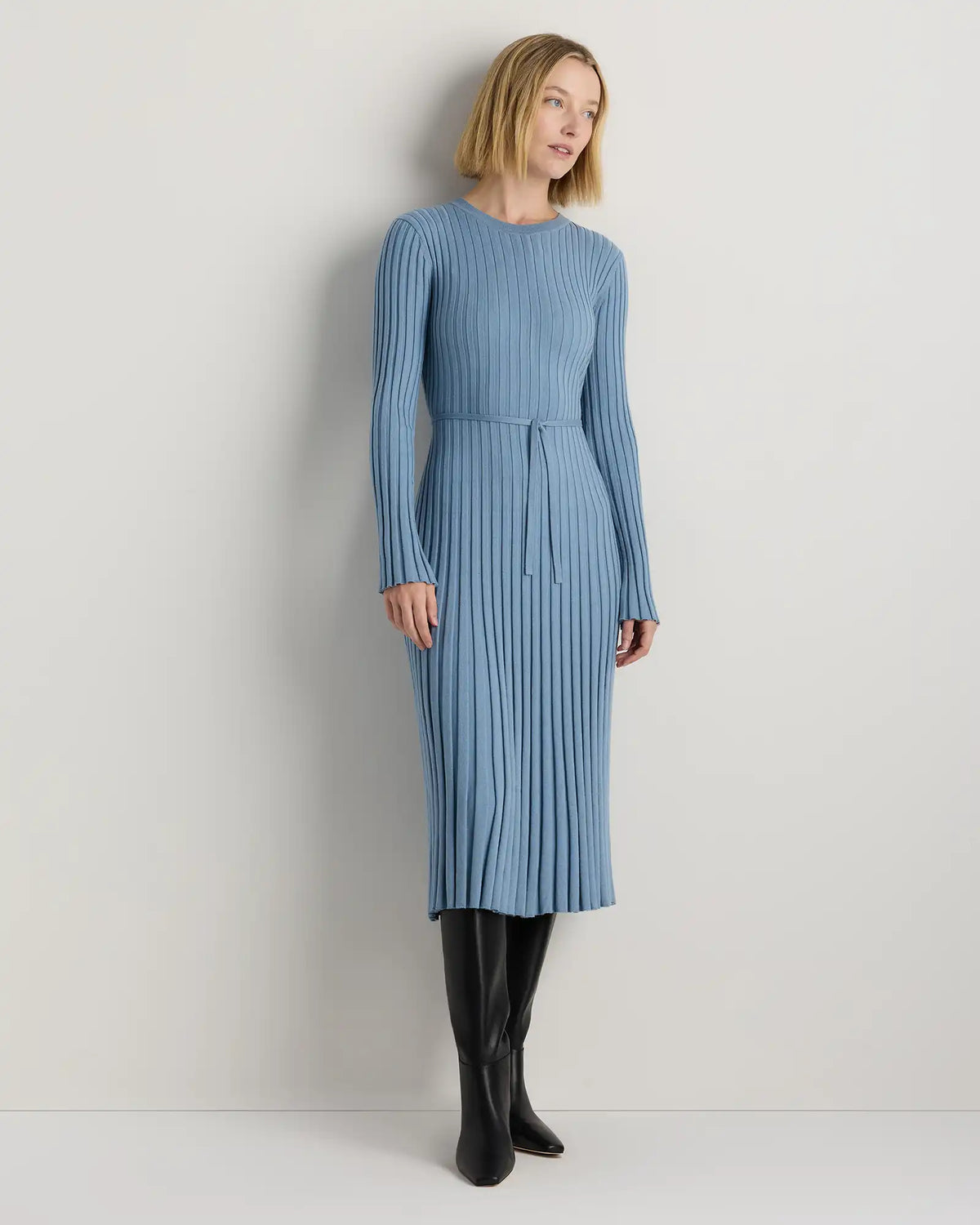 Cotton Cashmere Ribbed Long Sleeve Crew Midi Dress