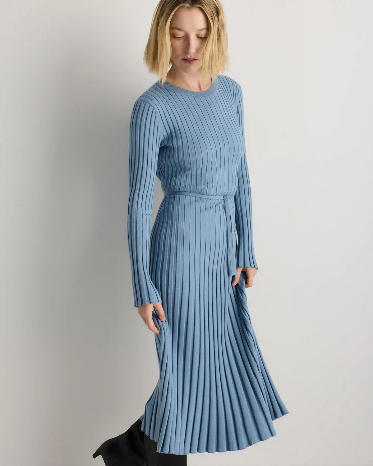 Cotton Cashmere Ribbed Long Sleeve Crew Midi Dress