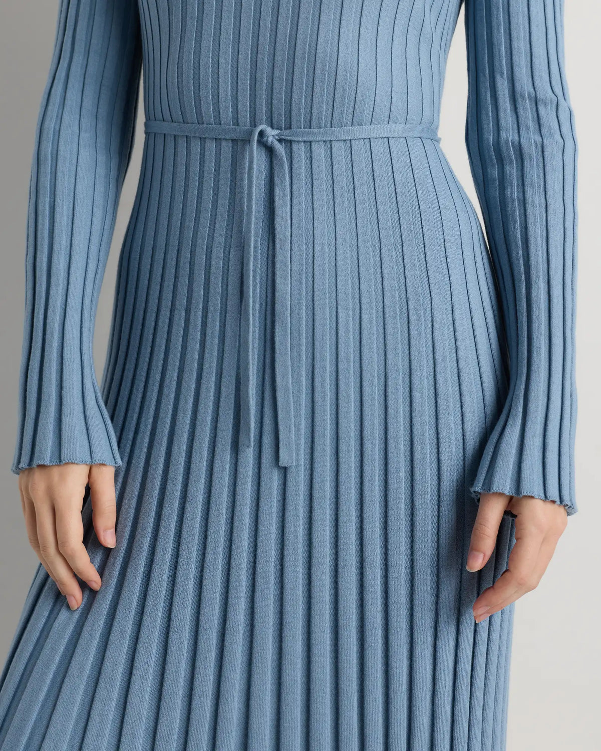 Cotton Cashmere Ribbed Long Sleeve Crew Midi Dress