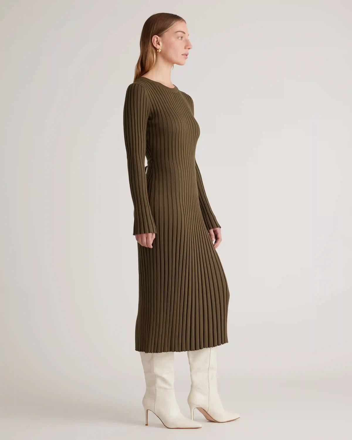 Cotton Cashmere Ribbed Long Sleeve Crew Midi Dress