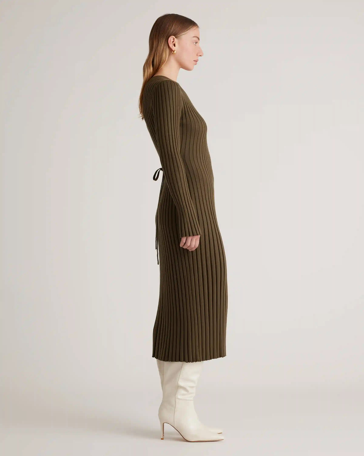 Cotton Cashmere Ribbed Long Sleeve Crew Midi Dress