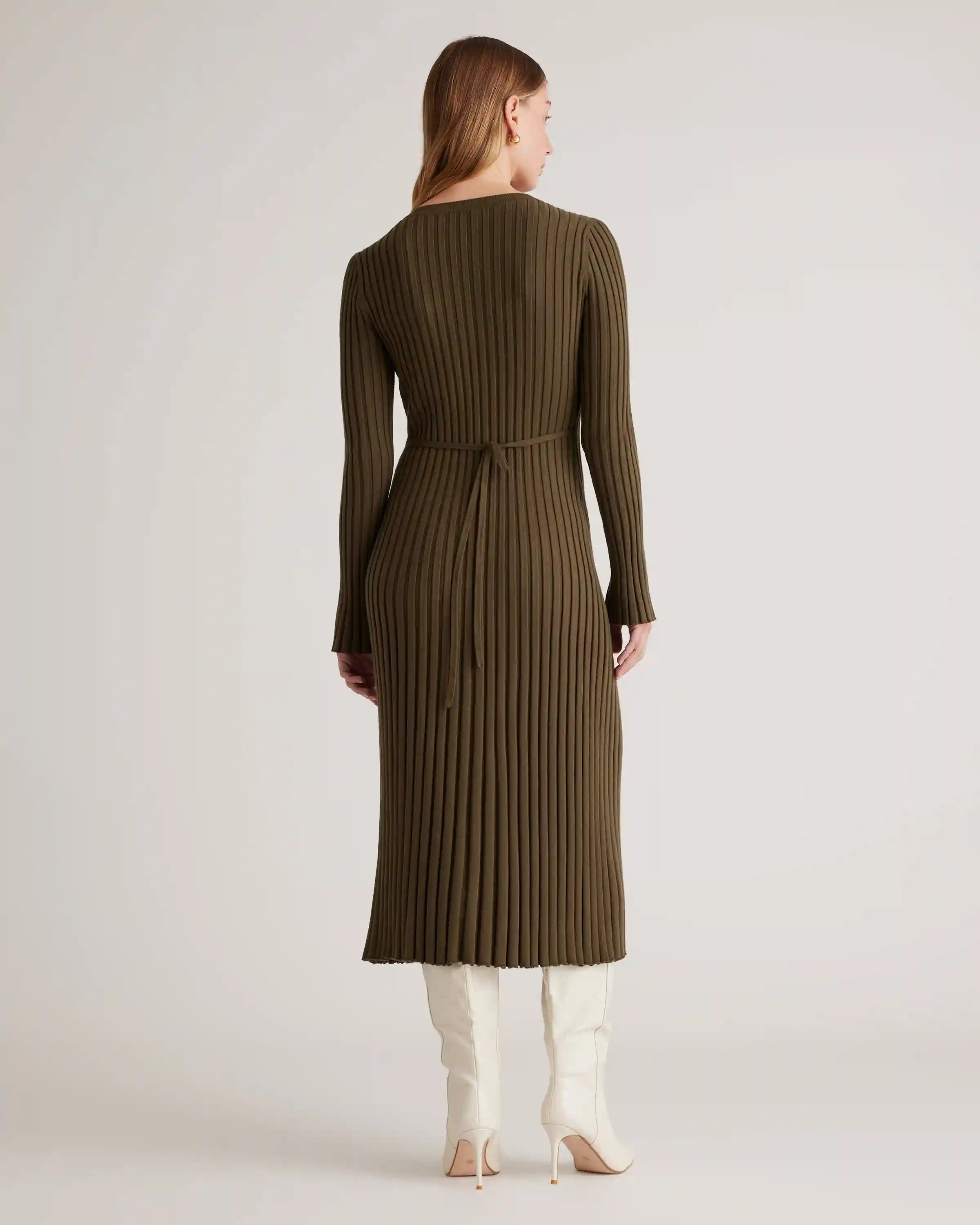 Cotton Cashmere Ribbed Long Sleeve Crew Midi Dress