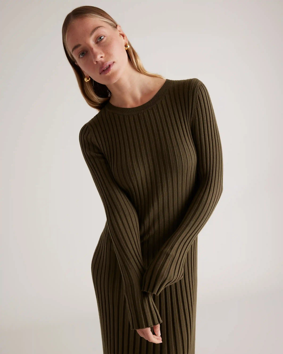 Cotton Cashmere Ribbed Long Sleeve Crew Midi Dress