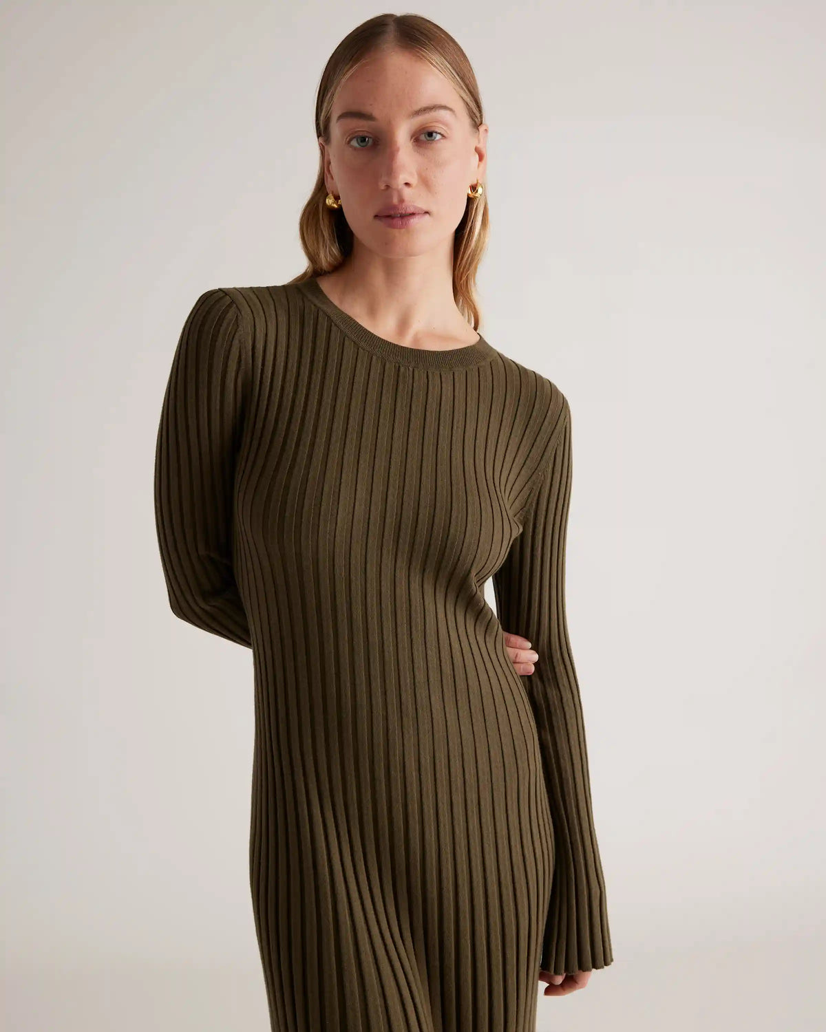 Cotton Cashmere Ribbed Long Sleeve Crew Midi Dress