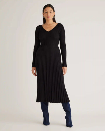 Cotton Cashmere Ribbed Long Sleeve V-Neck Midi Dress