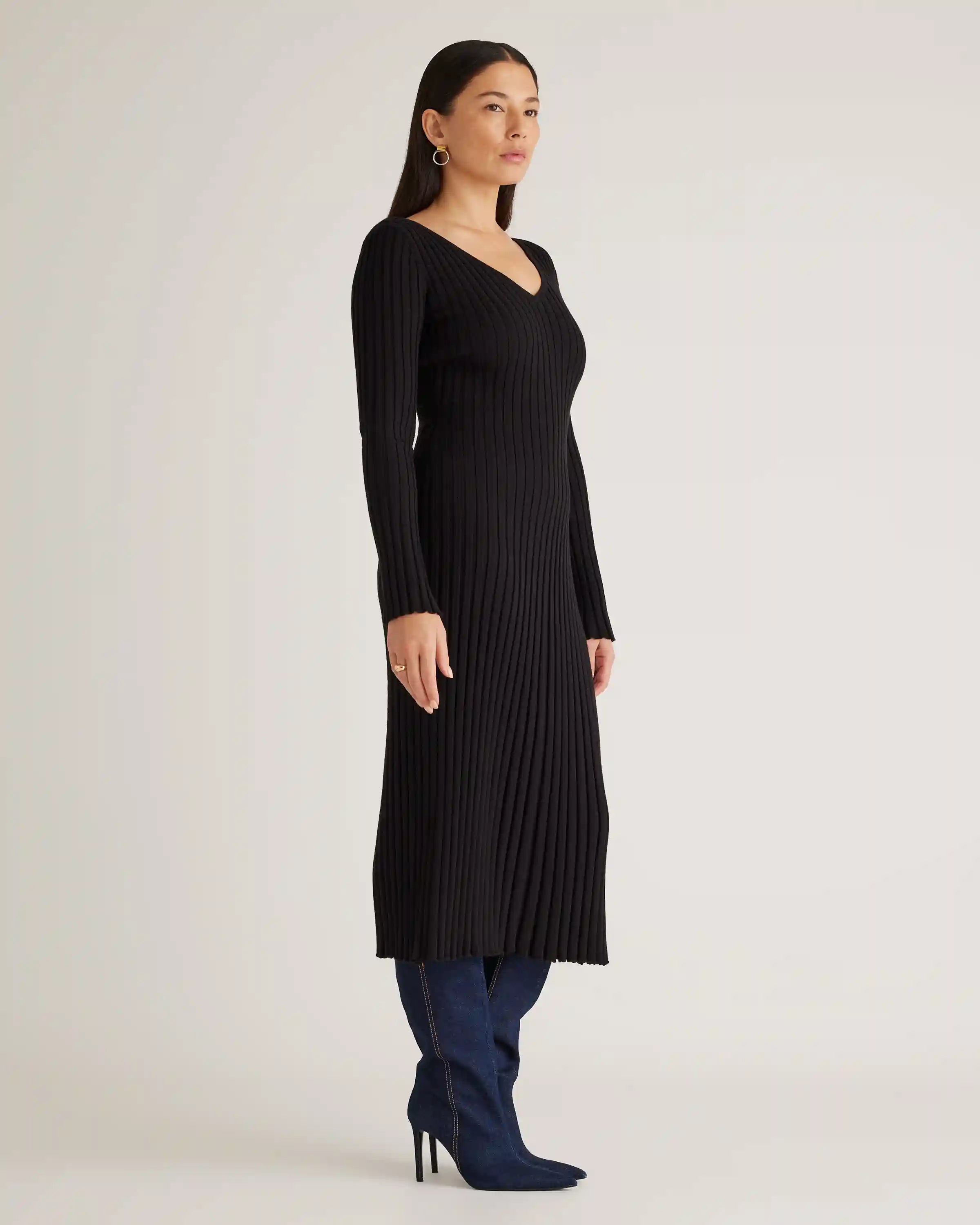 Cotton Cashmere Ribbed Long Sleeve V-Neck Midi Dress