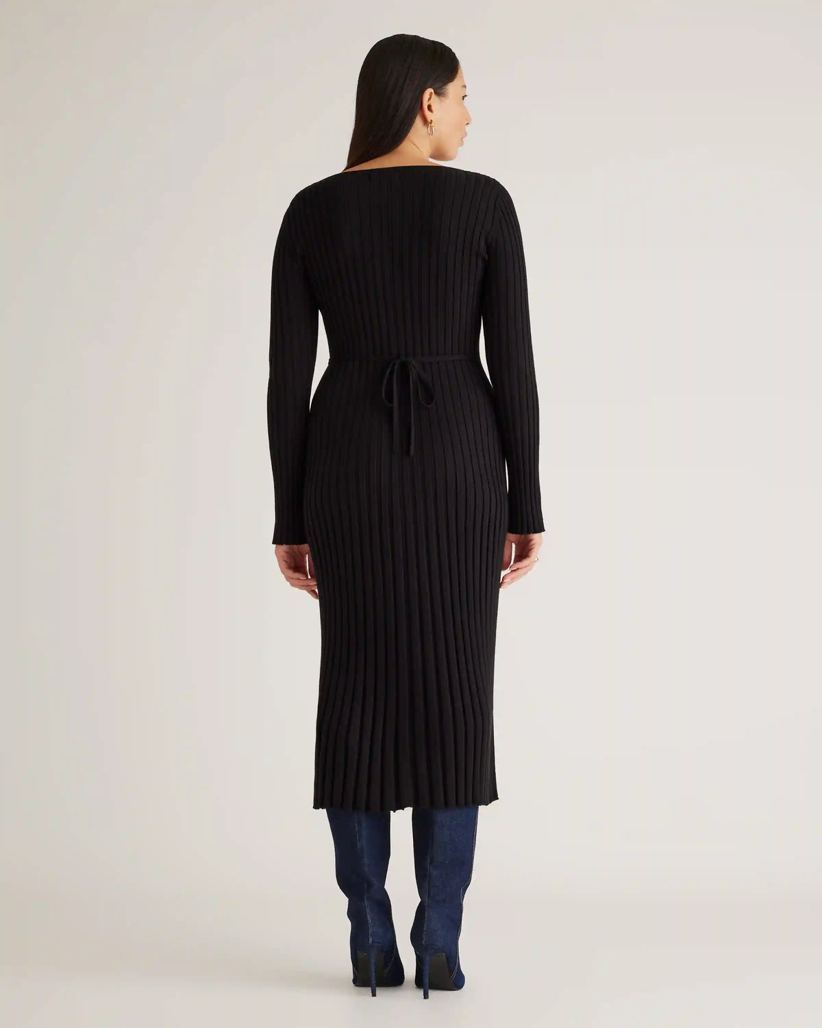 Cotton Cashmere Ribbed Long Sleeve V-Neck Midi Dress