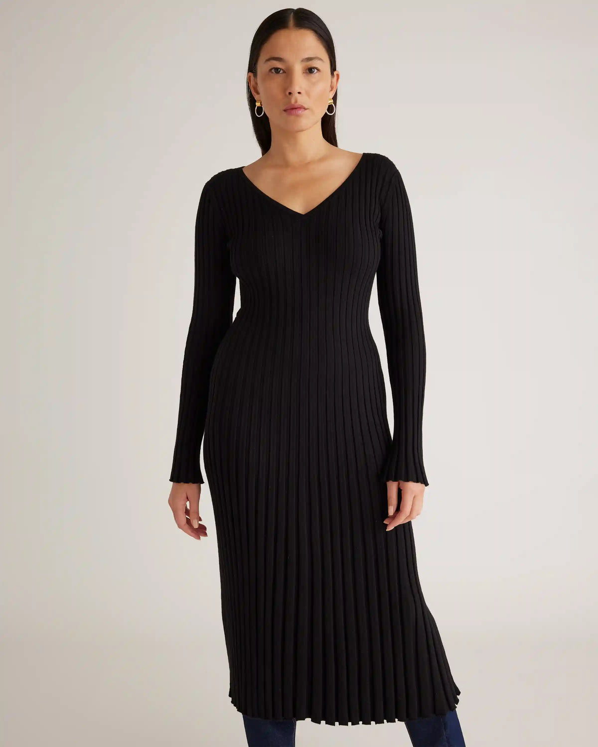 Cotton Cashmere Ribbed Long Sleeve V-Neck Midi Dress