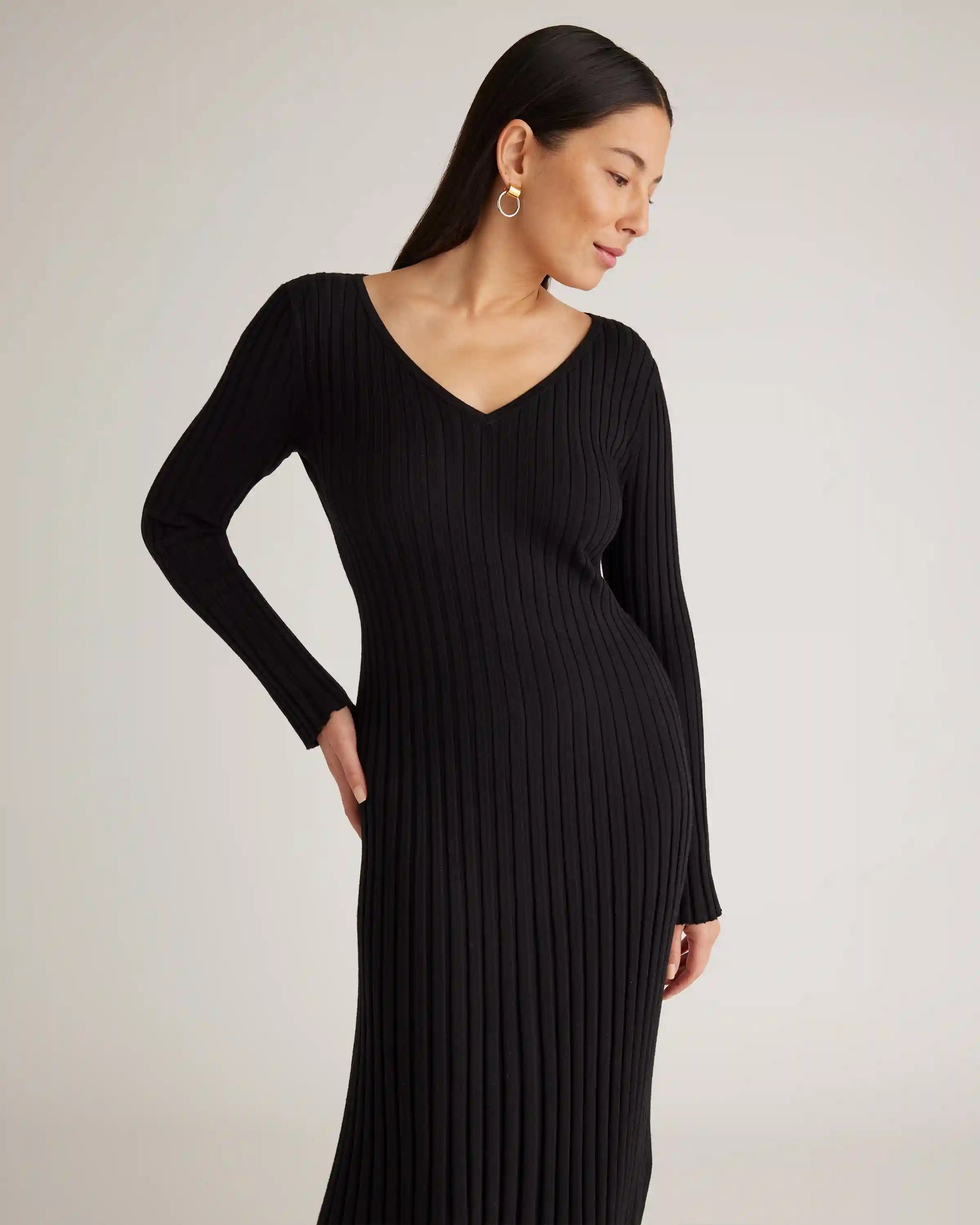 Cotton Cashmere Ribbed Long Sleeve V-Neck Midi Dress