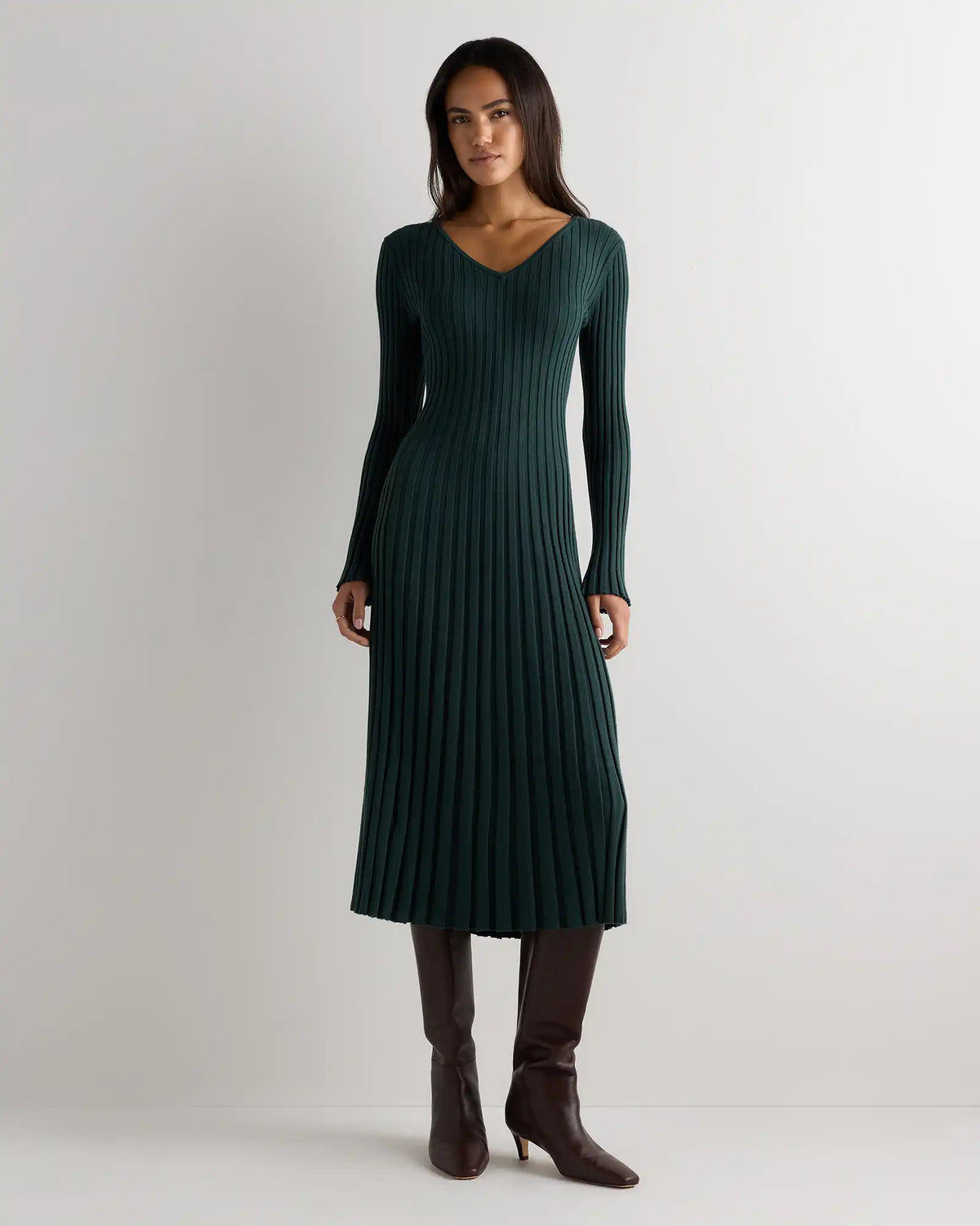 Cotton Cashmere Ribbed Long Sleeve V-Neck Midi Dress