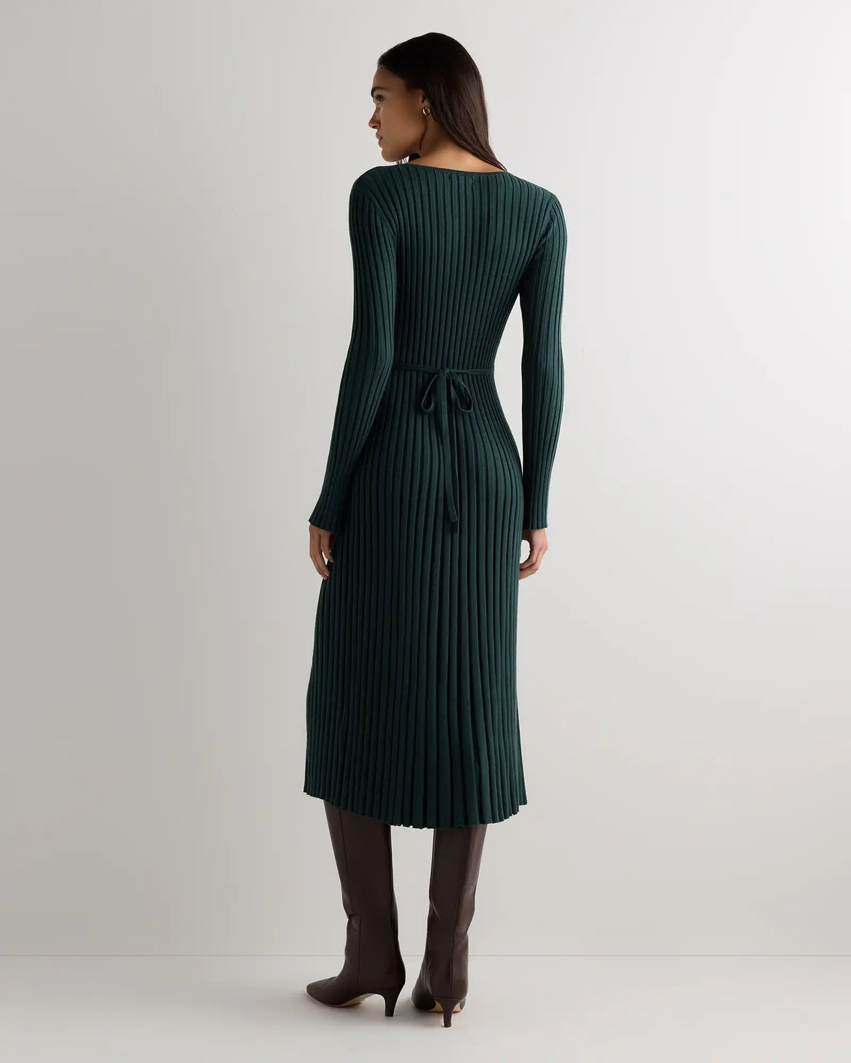 Cotton Cashmere Ribbed Long Sleeve V-Neck Midi Dress